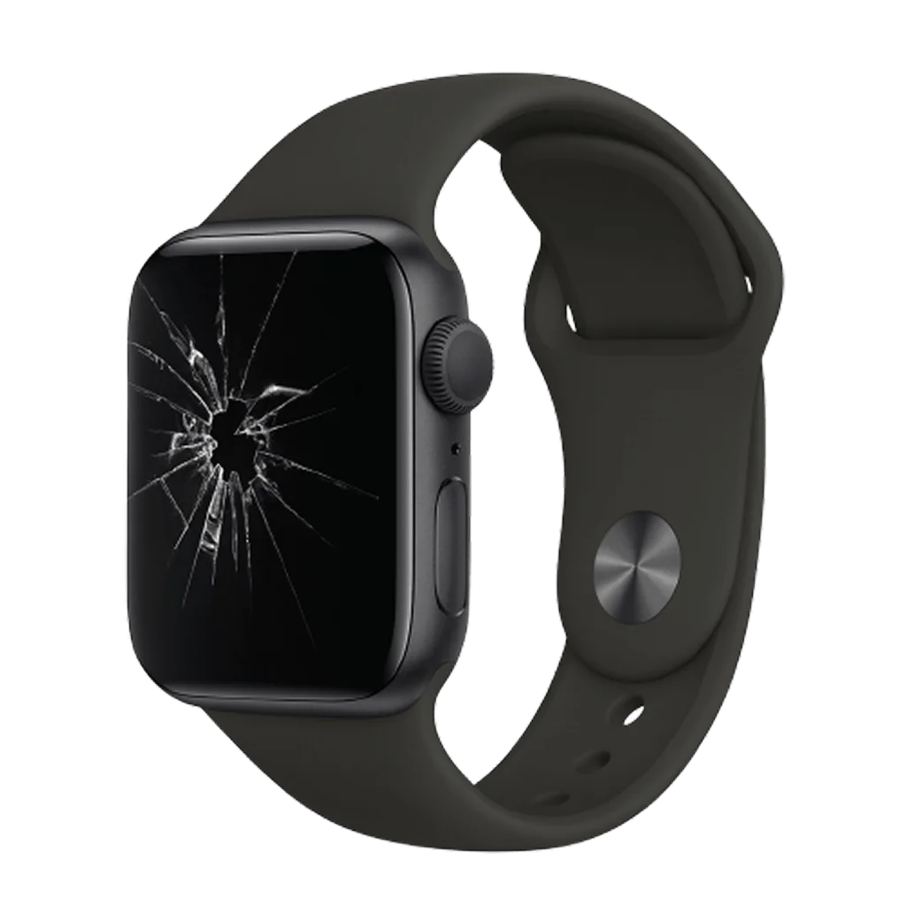 Apple Watch с разбитым экраном и чёрным ремешком