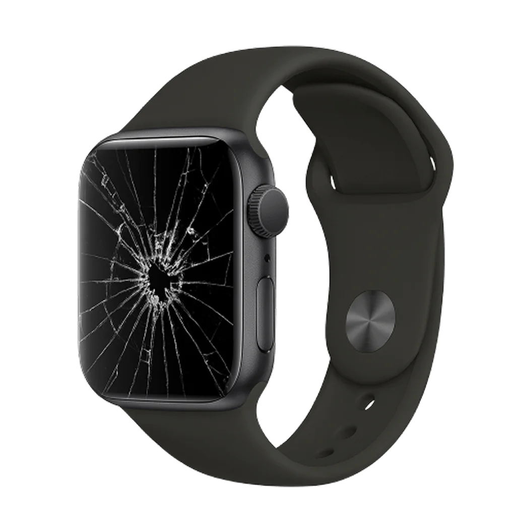 Apple Watch с сильно разбитым экраном и тёмным ремешком