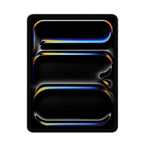 iPad с чёрным экраном и неоновыми цветными линиями на фоне