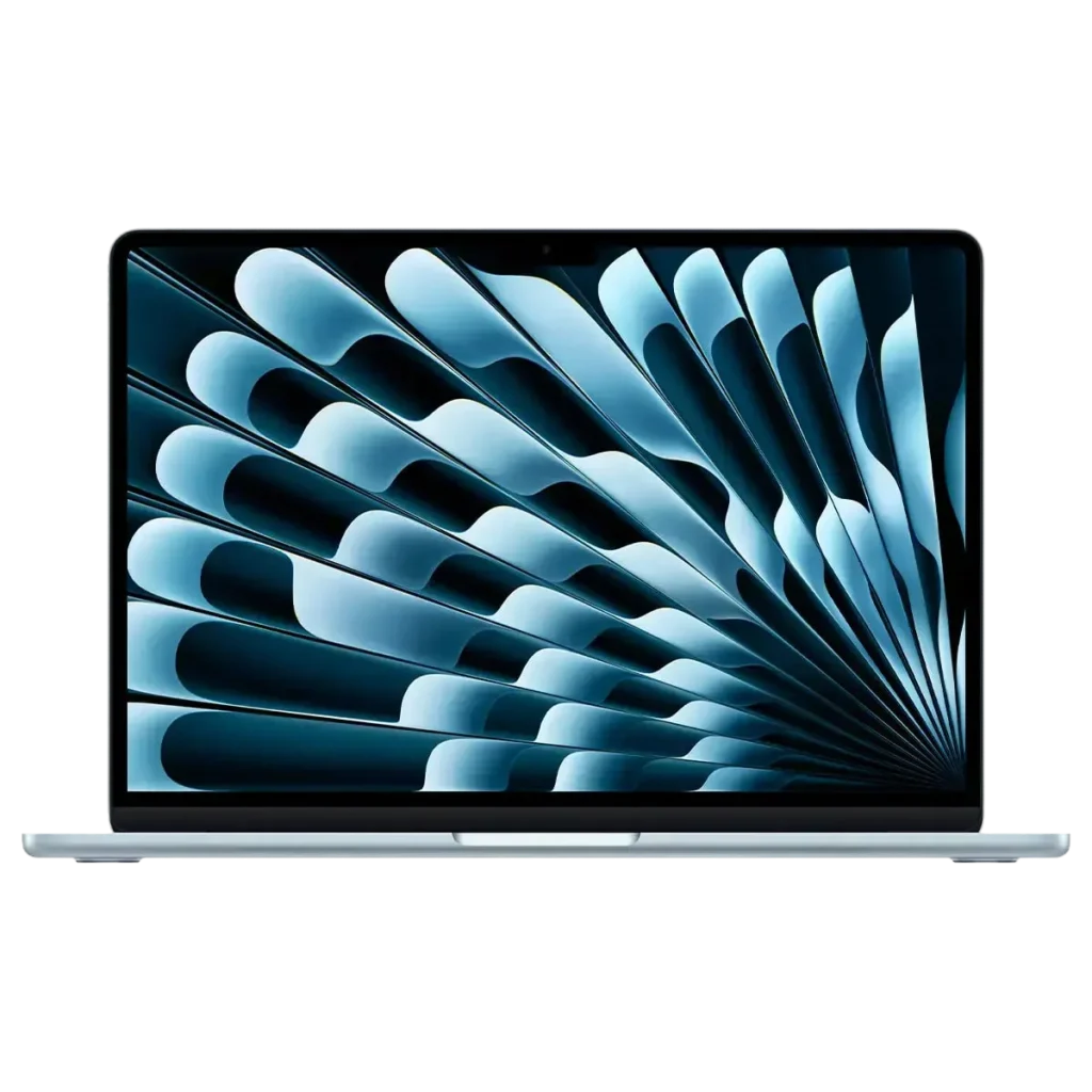 MacBook с целым экраном и синим абстрактным фоном