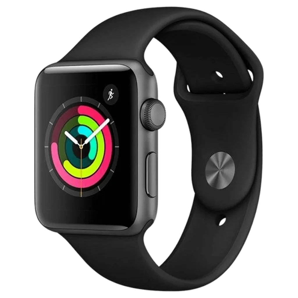 Apple Watch с чёрным ремешком и цветным циферблатом