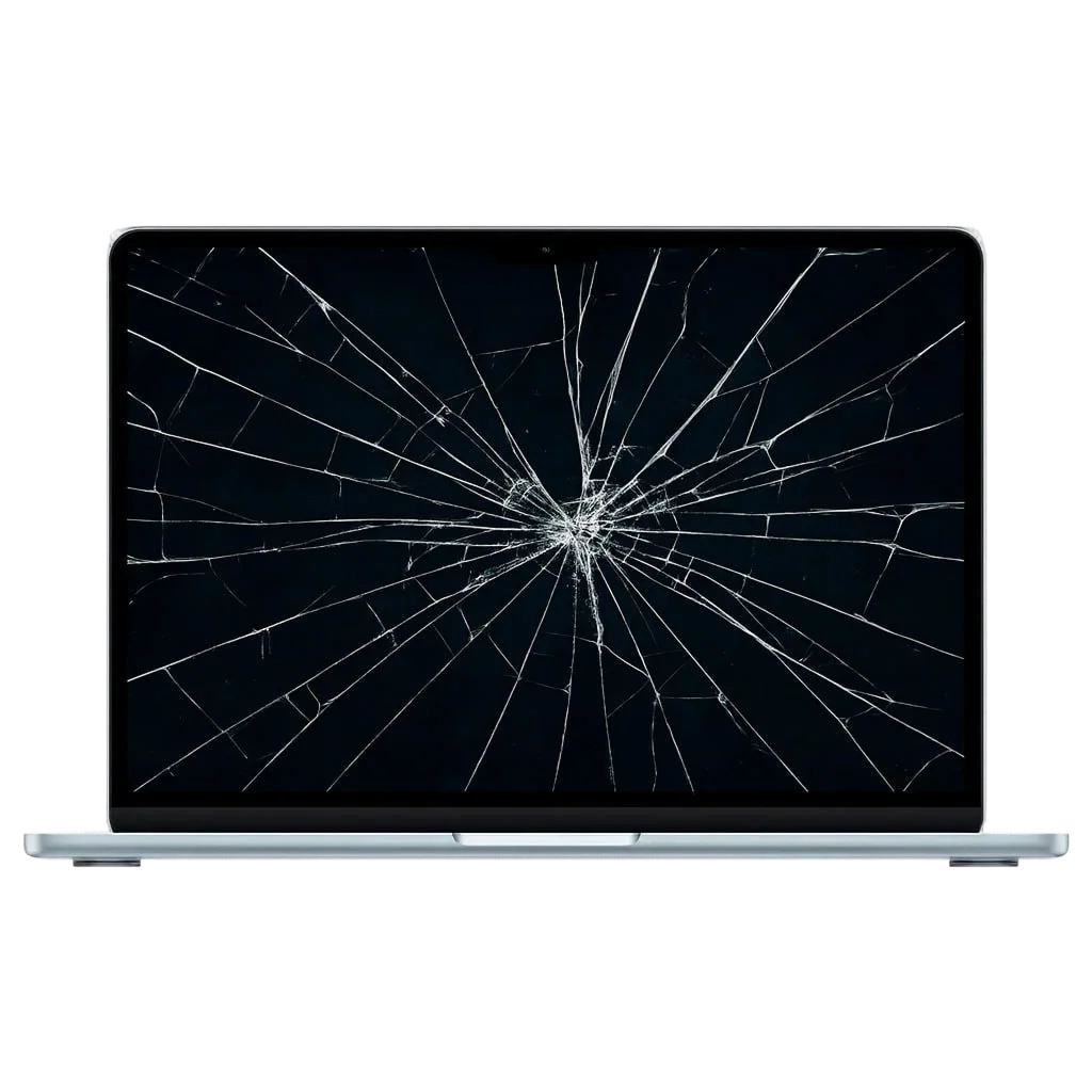 MacBook с разбитым экраном и крупными трещинами по центру