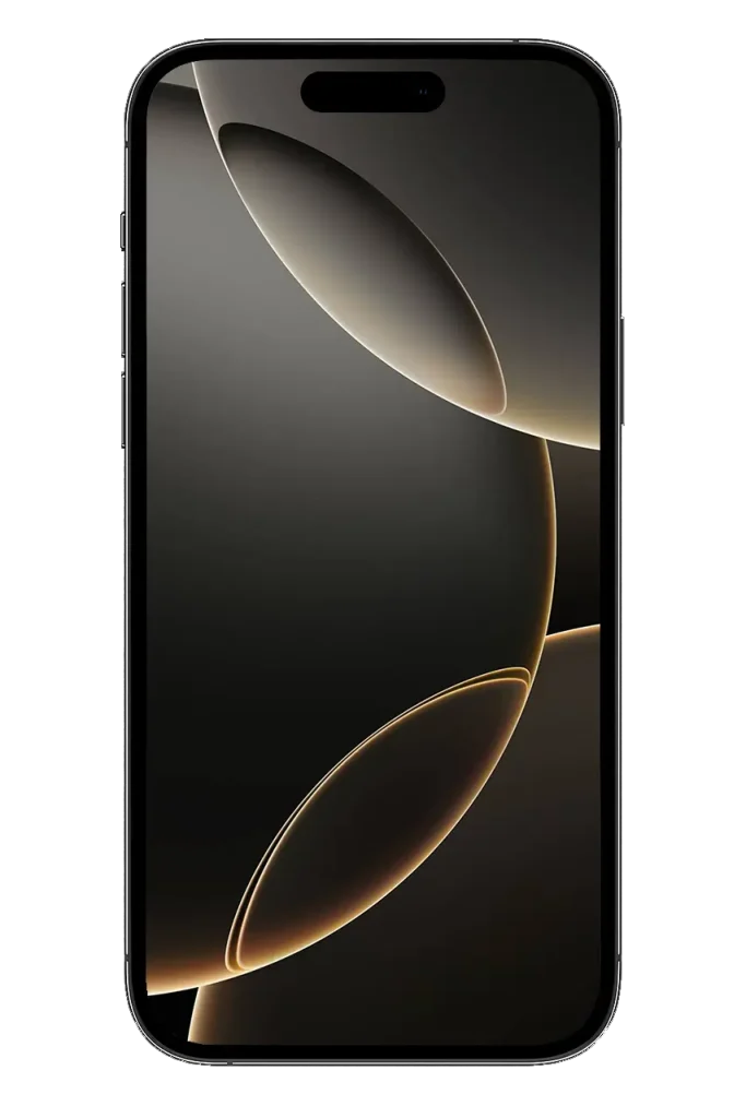 iPhone с целым экраном и тёмно-золотым абстрактным фоном