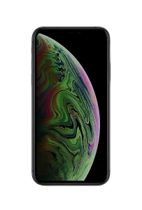 Смартфон iPhone з яскравими абстрактними зеленими та фіолетовими візерунками на екрані